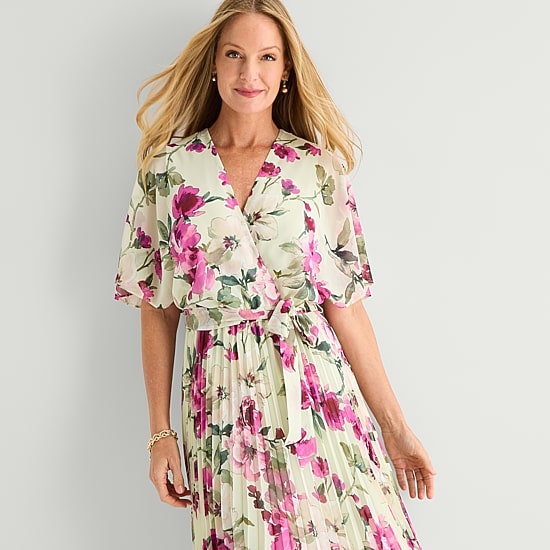 Studio 1 Womens Midi V Neck Short Sleeve Flutter Chiffon Floral Fit + Flare Dress