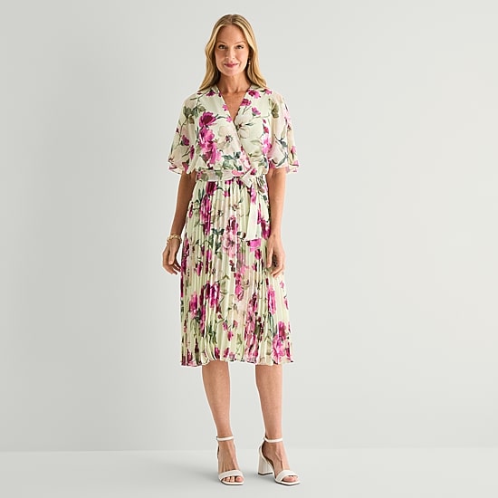 Studio 1 Womens Midi V Neck Short Sleeve Flutter Chiffon Floral Fit + Flare Dress