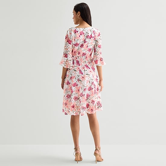 Rabbit Rabbit Rabbit Design Womens Round Neck 3/4 Sleeve Ruffled Floral Fit + Flare Dress