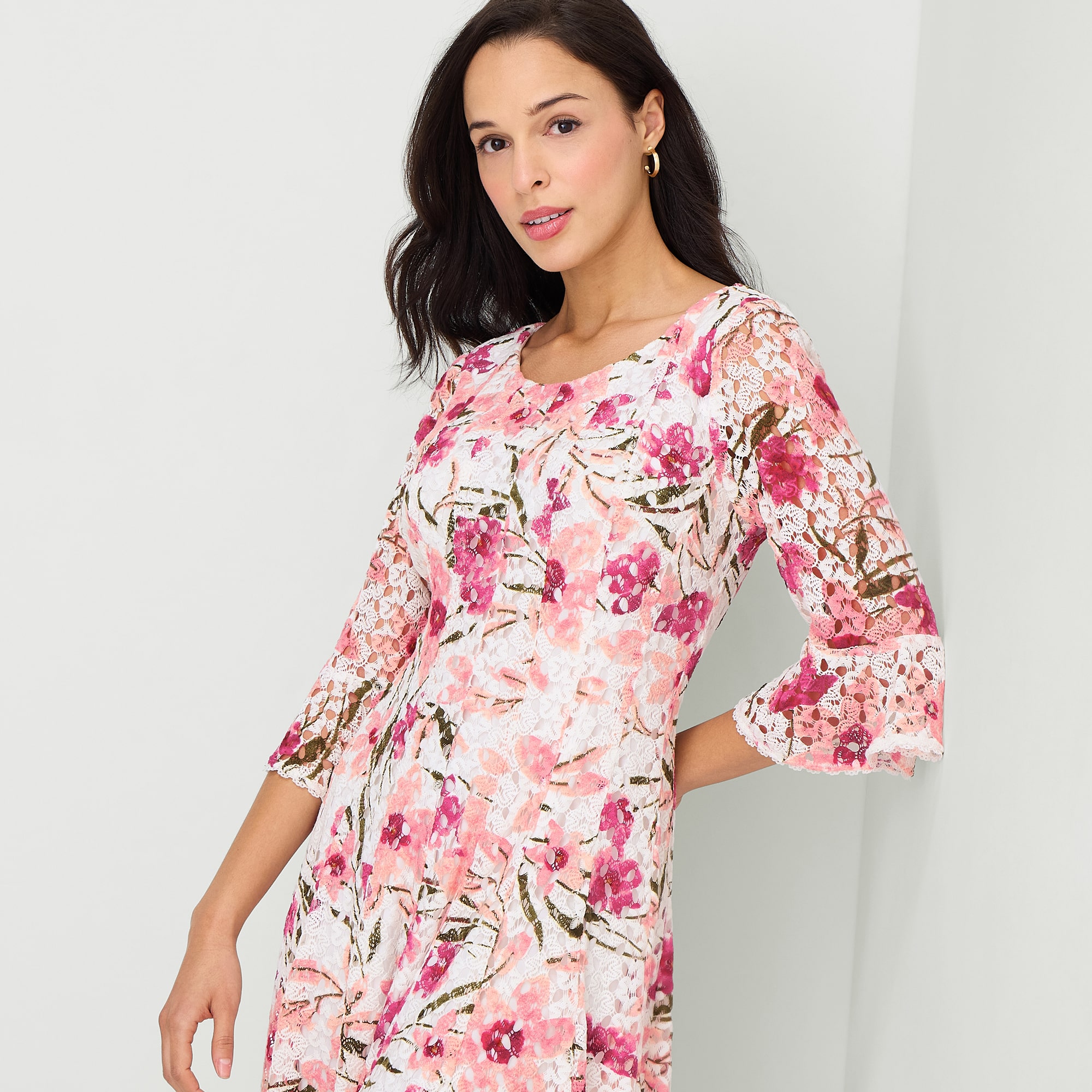 Rabbit Design Womens Round Neck 3/4 Sleeve Ruffled Floral Fit + Flare Dress