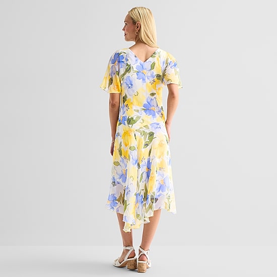 Rabbit Rabbit Rabbit Design Womens Midi V Neck Short Sleeve Flutter Floral Fit + Flare Dress