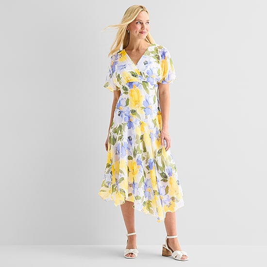 Rabbit Rabbit Rabbit Design Womens Midi V Neck Short Sleeve Flutter Floral Fit + Flare Dress