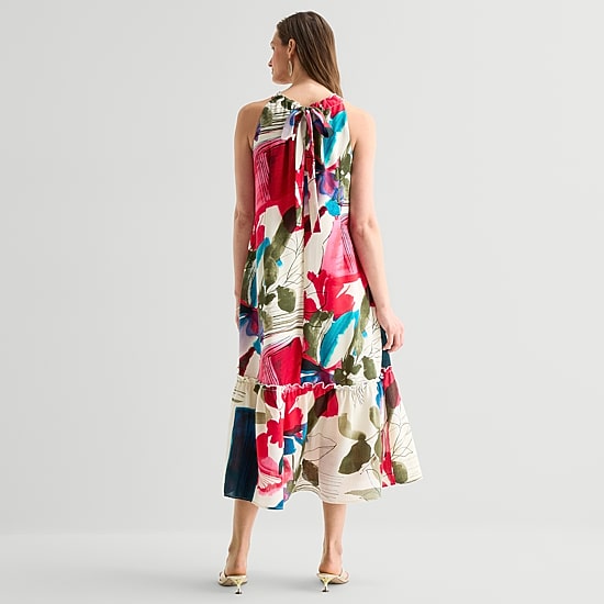52seven Womens Midi Round Neck Sleeveless Abstract Shift Dress