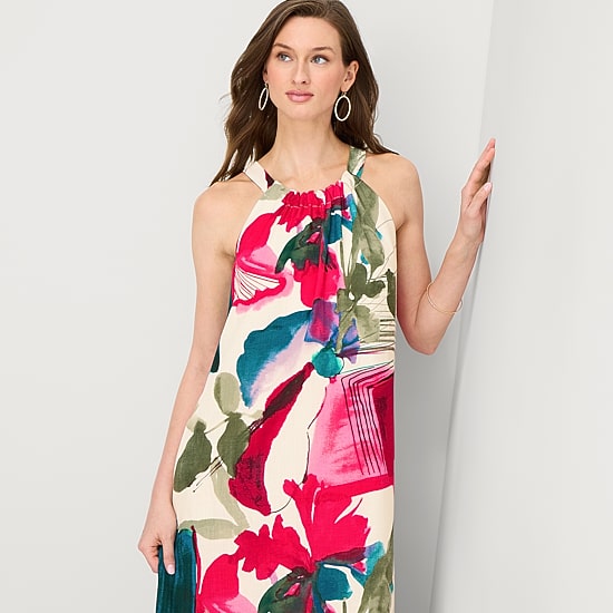 52seven Womens Midi Round Neck Sleeveless Abstract Shift Dress