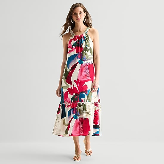 52seven Womens Midi Round Neck Sleeveless Abstract Shift Dress