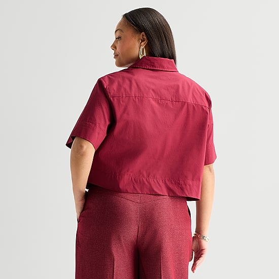 Worthington Womens Short Sleeve Embroidered Button-Down Shirt