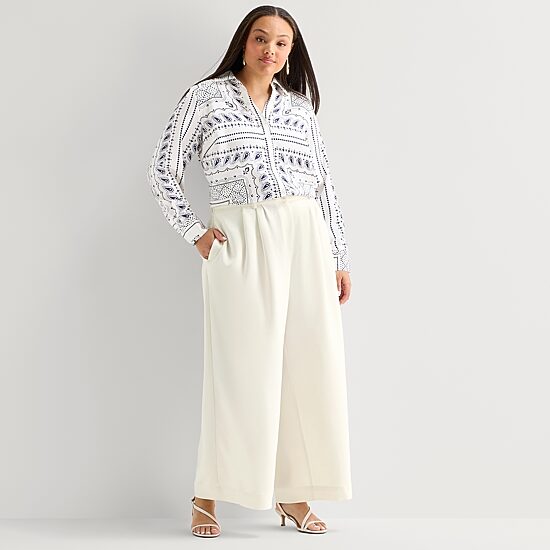 Worthington Womens Plus Wide Leg High Rise Pleated Pant