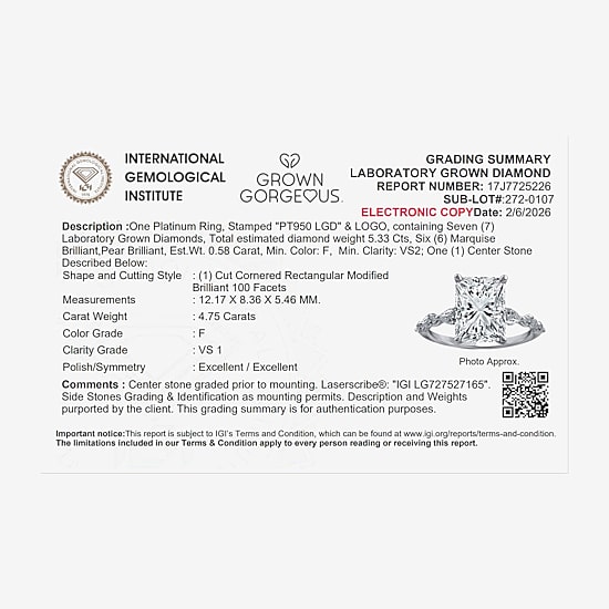 Grown Gorgeous (F / Vs2) Womens 5 1/8 Ct. T.W. Lab Grown White Diamond Platinum Rectangular Side Stone Engagement Ring