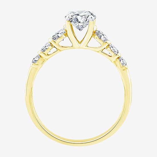 (F / Vs2) Womens 1 1/2 CT. T.W. Lab Grown White Diamond 10K Gold Oval Side Stone Engagement Ring