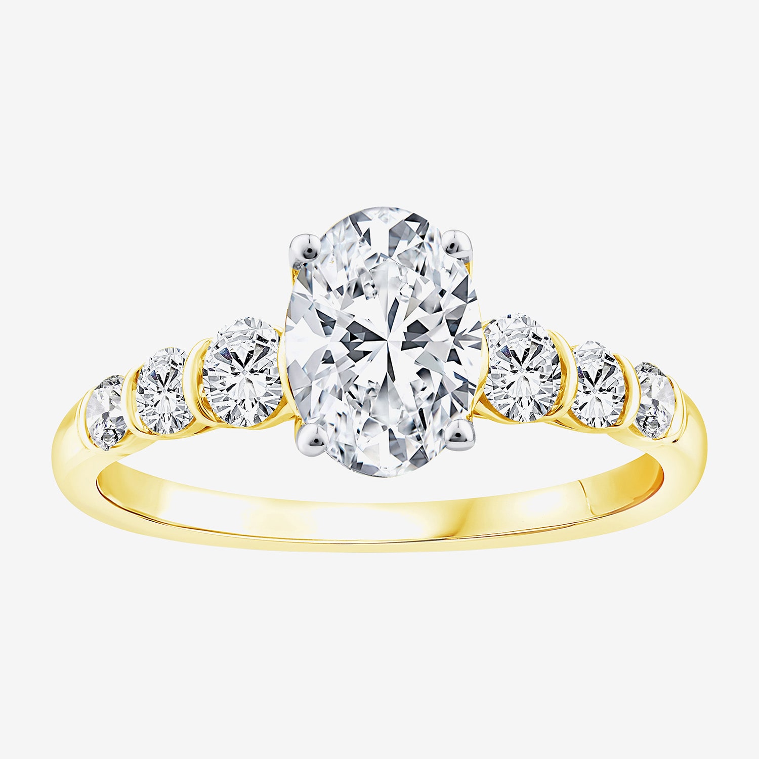 F / Vs2) Womens /2 CT. T.W. Lab Grown White Diamond 10K Gold Oval Side Stone Engagement Ring