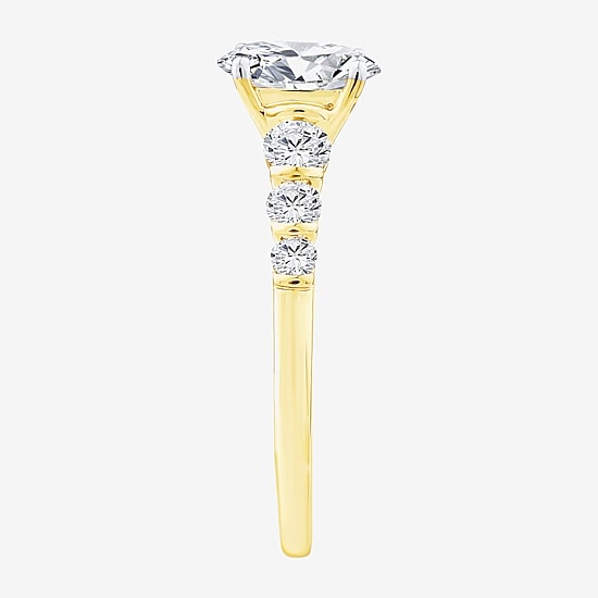 (F / Vs2) Womens 1 1/2 CT. T.W. Lab Grown White Diamond 10K Gold Oval Side Stone Engagement Ring