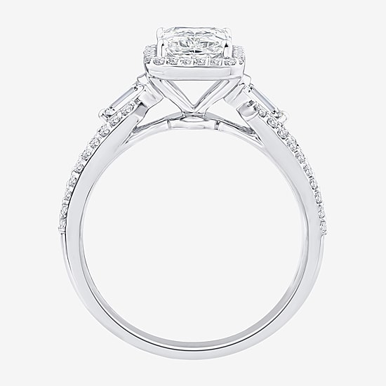 Signature By Modern Bride (F / Vs2) Womens 2 CT. T.W. Lab Grown White Diamond 10K Gold Rectangular Side Stone Halo Engagement Ring