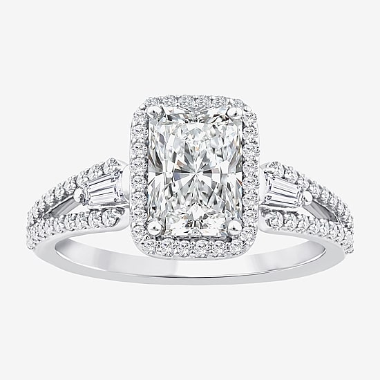 Signature By Modern Bride (F / Vs2) Womens 2 CT. T.W. Lab Grown White Diamond 10K Gold Rectangular Side Stone Halo Engagement Ring