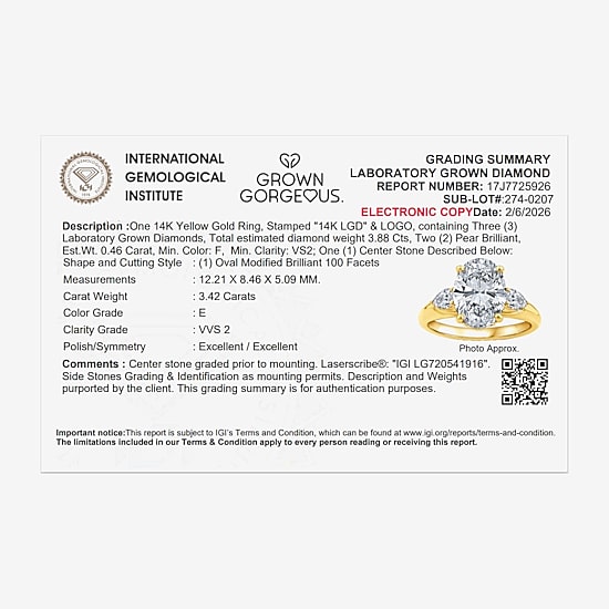 Grown Gorgeous (F / Vs2) Womens 3 3/4 CT. T.W. Lab Grown White Diamond 14K Gold Oval 3-Stone Engagement Ring