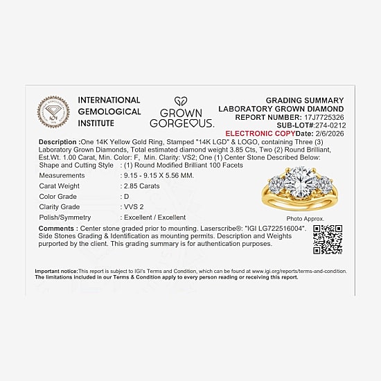 Grown Gorgeous (F / Vs2) Womens 3 3/4 CT. T.W. Lab Grown White Diamond 14K Gold Round 3-Stone Engagement Ring