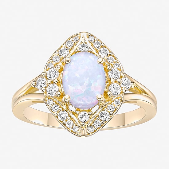 Womens Lab Created White Opal 18K Gold Over Silver Cocktail Ring