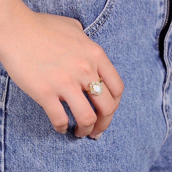 Womens Lab Created White Opal 18K Gold Over Silver Cocktail Ring