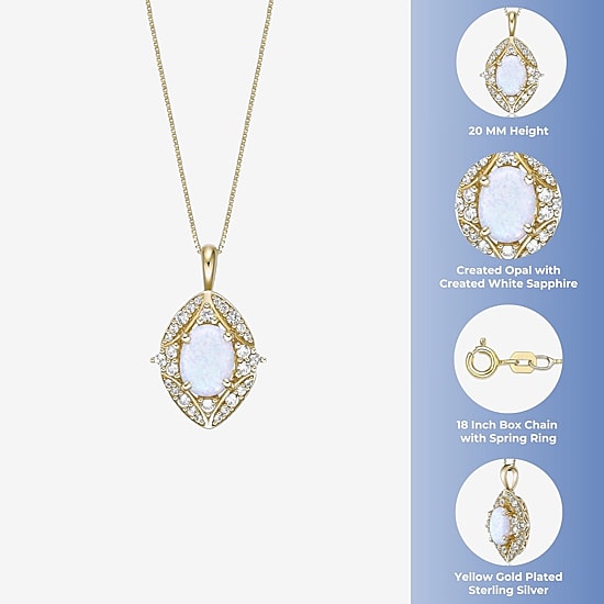 Womens Lab Created White Opal 18K Gold Over Silver Oval 18 Inch Pendant Necklace