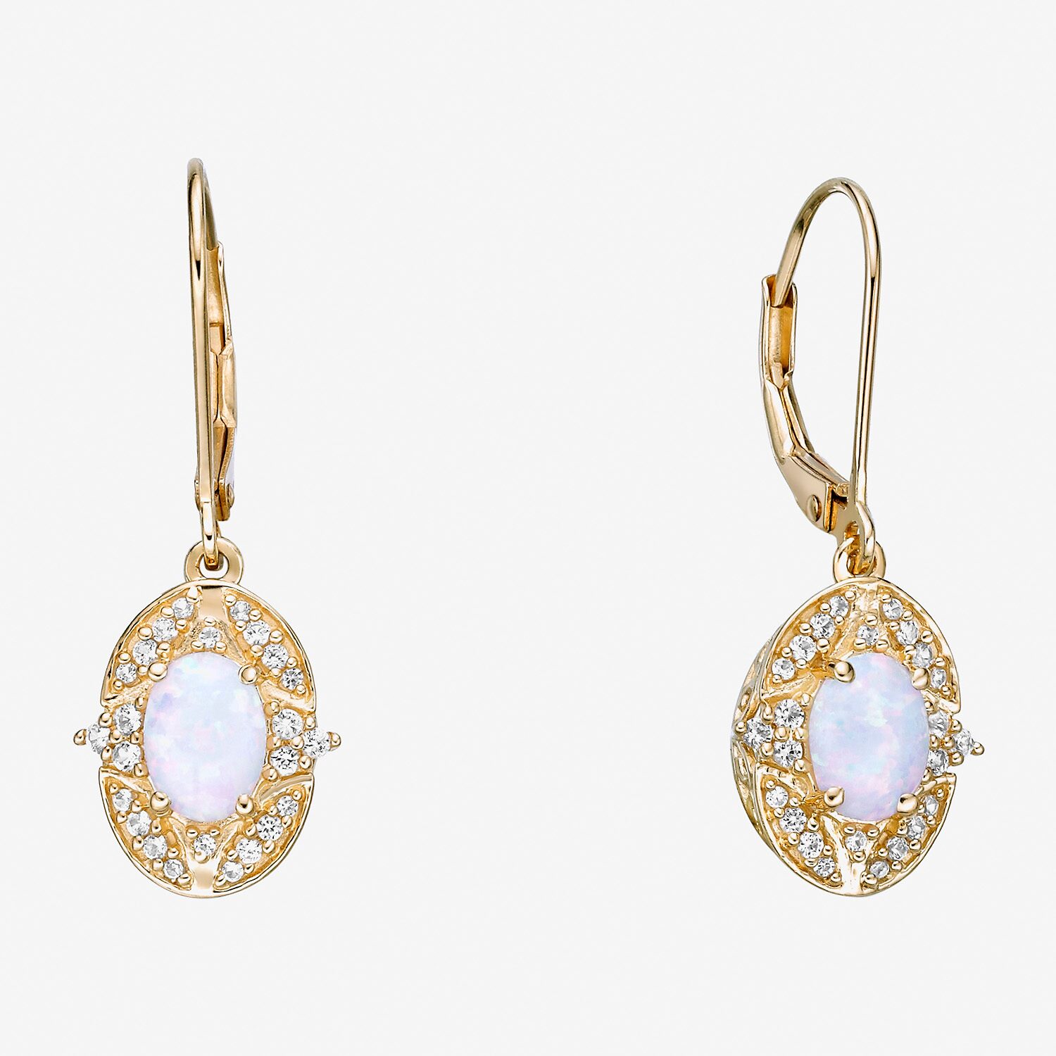 Womens Lab Created White Opal 18K Gold Over Silver Oval Drop Earrings