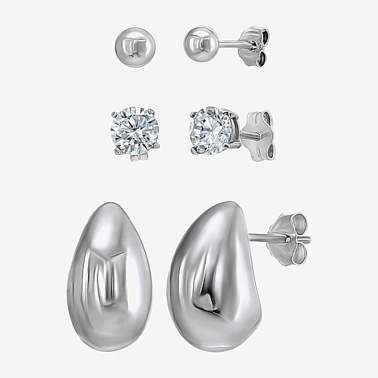 Womens White Cubic Zirconia Sterling Silver 3 Pair Earring Set