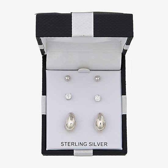 Womens White Cubic Zirconia Sterling Silver 3 Pair Earring Set