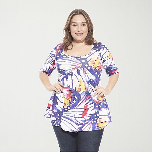24seven Comfort Apparel Plus Size Butterfly Scoop Neck Elbow Sleeve Tunic Top - Blue Multi