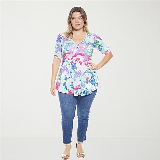 24seven Comfort Apparel Womens Plus Elbow Sleeve Relaxed Fit Henley Shirt