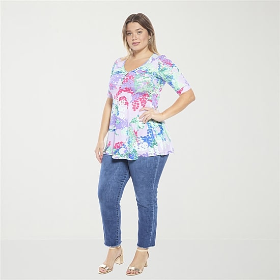 24seven Comfort Apparel Womens Plus Elbow Sleeve Relaxed Fit Henley Shirt