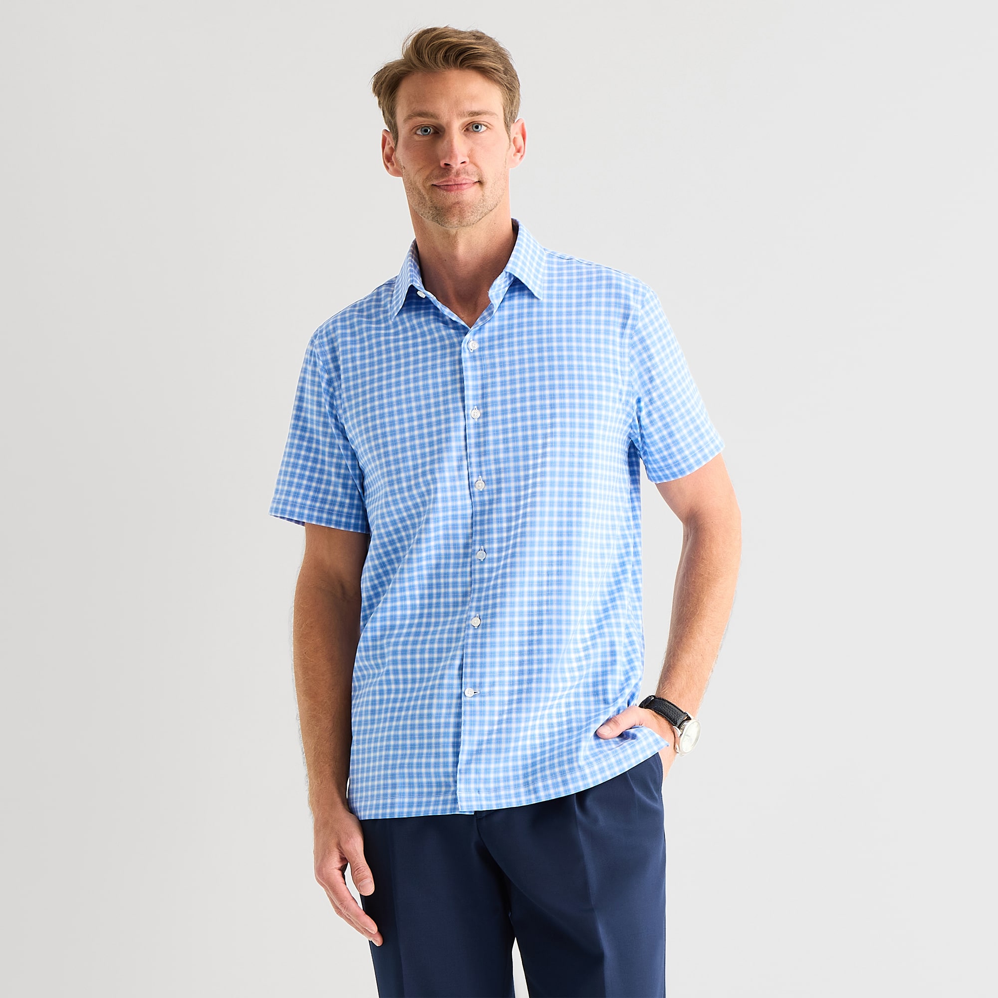 Stafford Cool Tech Mens Short Sleeve Regular Fit STRETCH FABRIC Wrinkle Free Button-Down Shirt