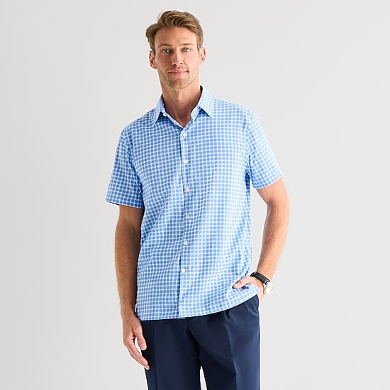 Stafford Cool Tech Mens Short Sleeve Regular Fit Stretch Fabric Wrinkle Free Button-Down Shirt