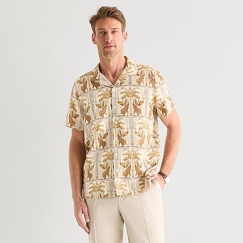 J. Ferrar Linen Blend Mens Short Sleeve Camp Shirt, Large, Beige