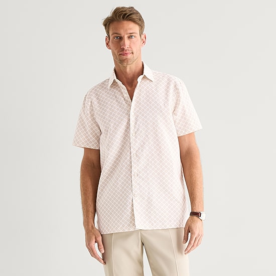 Stafford Linen Print Mens Short Sleeve Regular Fit Button-Down Shirt