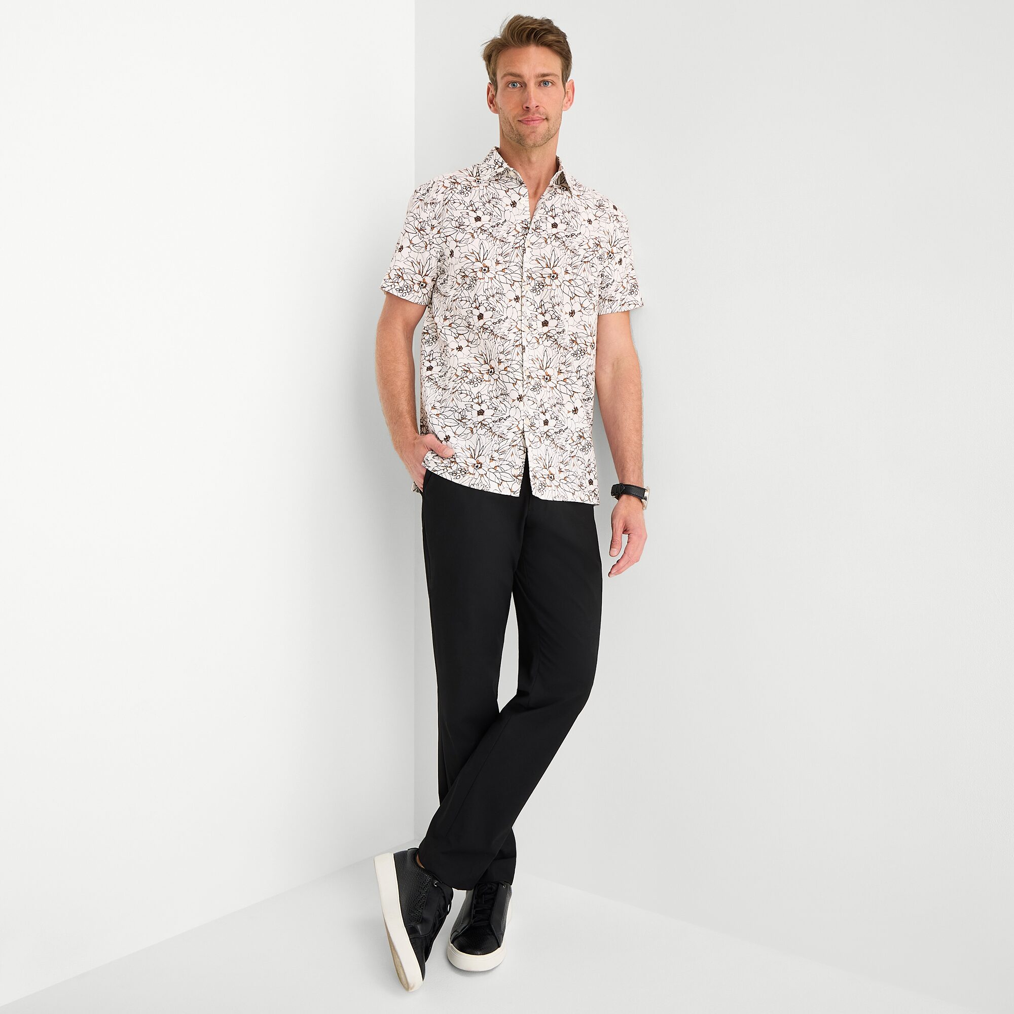 Stafford Linen Print Mens Short Sleeve Regular Fit Button-Down Shirt