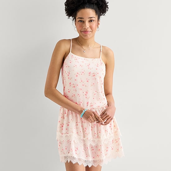 Arizona Womens Juniors Square Neck Sleeveless Babydoll Dress