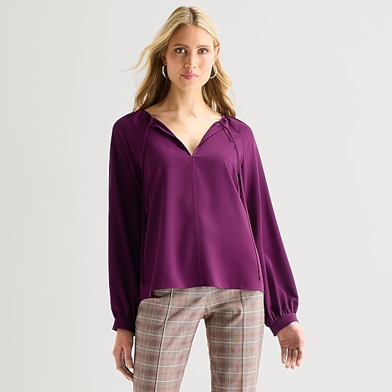 Worthington Womens Split Tie Neck Long Sleeve Blouse
