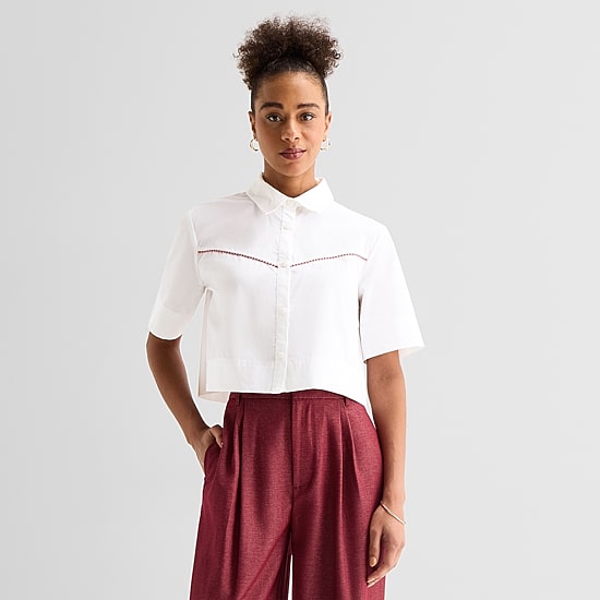 Worthington Womens Short Sleeve Embroidered Button-Down Shirt