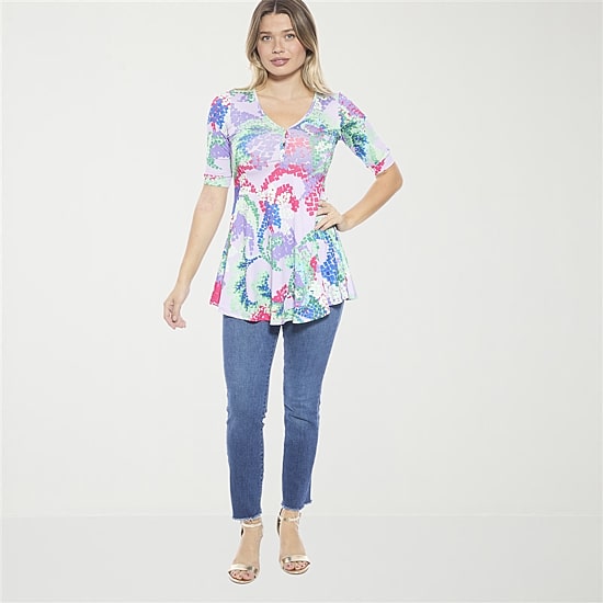 24seven Comfort Apparel Womens Elbow Sleeve Relaxed Fit Henley Shirt