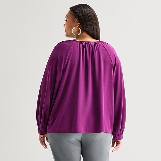 Worthington Womens Plus Split Tie Neck Long Sleeve Blouse