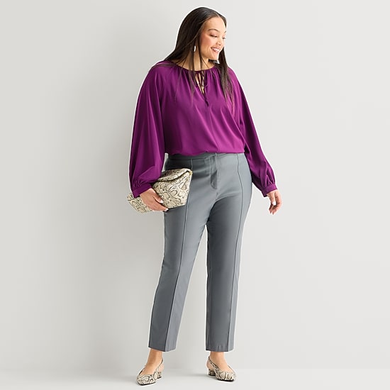 Worthington Womens Plus Split Tie Neck Long Sleeve Blouse