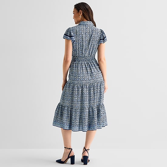 Perceptions Womens Midi Short Sleeve Flutter Geo Linear Fit + Flare Dress