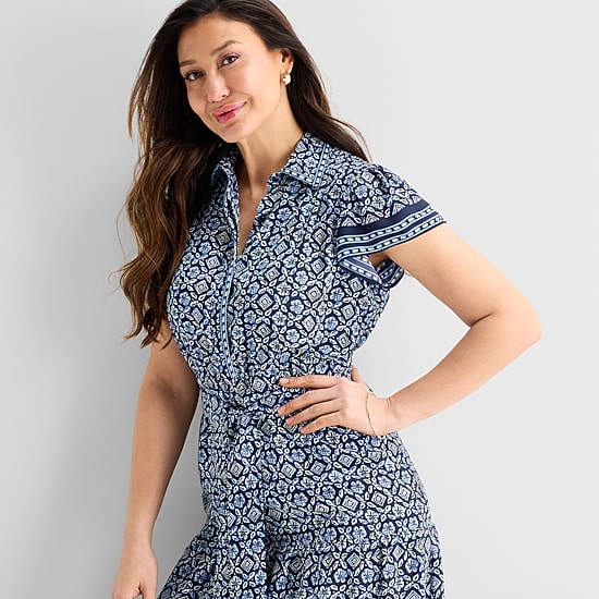 Perceptions Womens Midi Short Sleeve Flutter Geo Linear Fit + Flare Dress