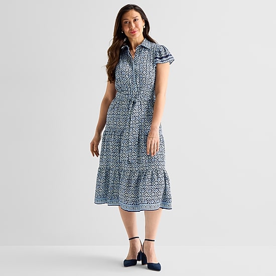 Perceptions Womens Midi Short Sleeve Flutter Geo Linear Fit + Flare Dress