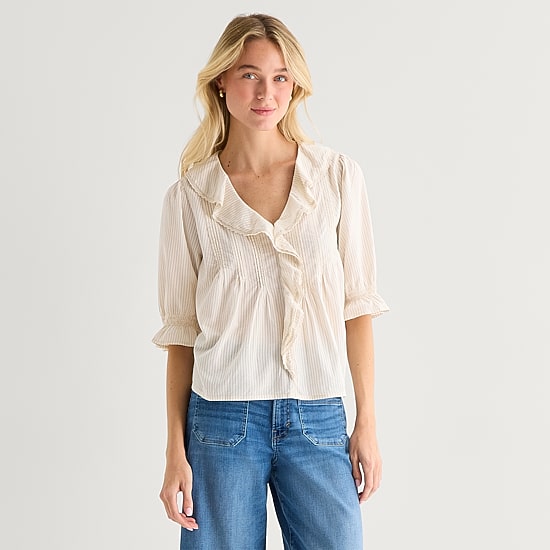 a.n.a Womens V Neck Elbow Sleeve Blouse