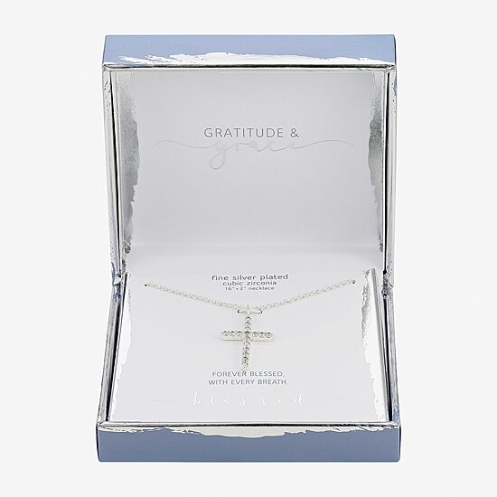 Gratitude & Grace Womens Cubic Zirconia Pure Silver Over Brass Cross 16 Inch Pendant Necklace