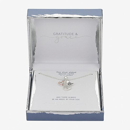 Gratitude & Grace Womens Crystal Pure Silver Over Brass Angel Heart 16 Inch Pendant Necklace