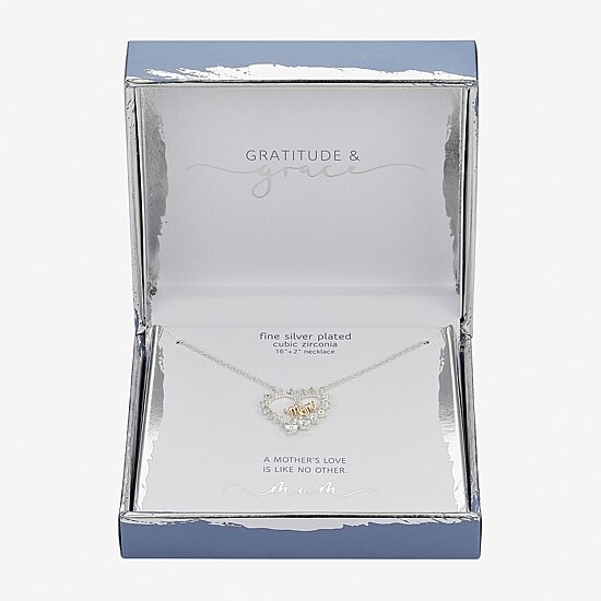 Gratitude & Grace Mom Womens Cubic Zirconia Pure Silver Over Brass Heart 16 Inch Pendant Necklace