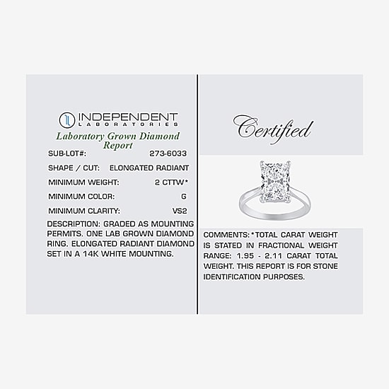 (G / VS2) Womens 2 CT. Lab-Grown White Diamond 14K Gold Radiant-cut Solitaire Engagement Ring
