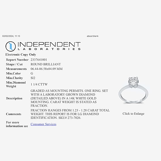 1 1/4 CT. Lab-Grown (G / SI2) Diamond Round Solitaire Engagement Ring In 14k Gold