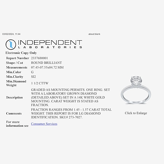 1 1/2 CT..Round Lab-Grown (G / Si2) Diamond Solitaire Engagement Ring in 14K Gold