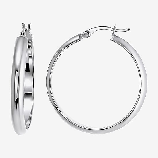 Womens Sterling Silver 31mm Round Hoop Earrings